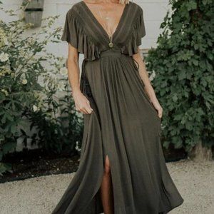 Baltic Born Jennifer Deep V Maxi Dress Dark Olive Size Small